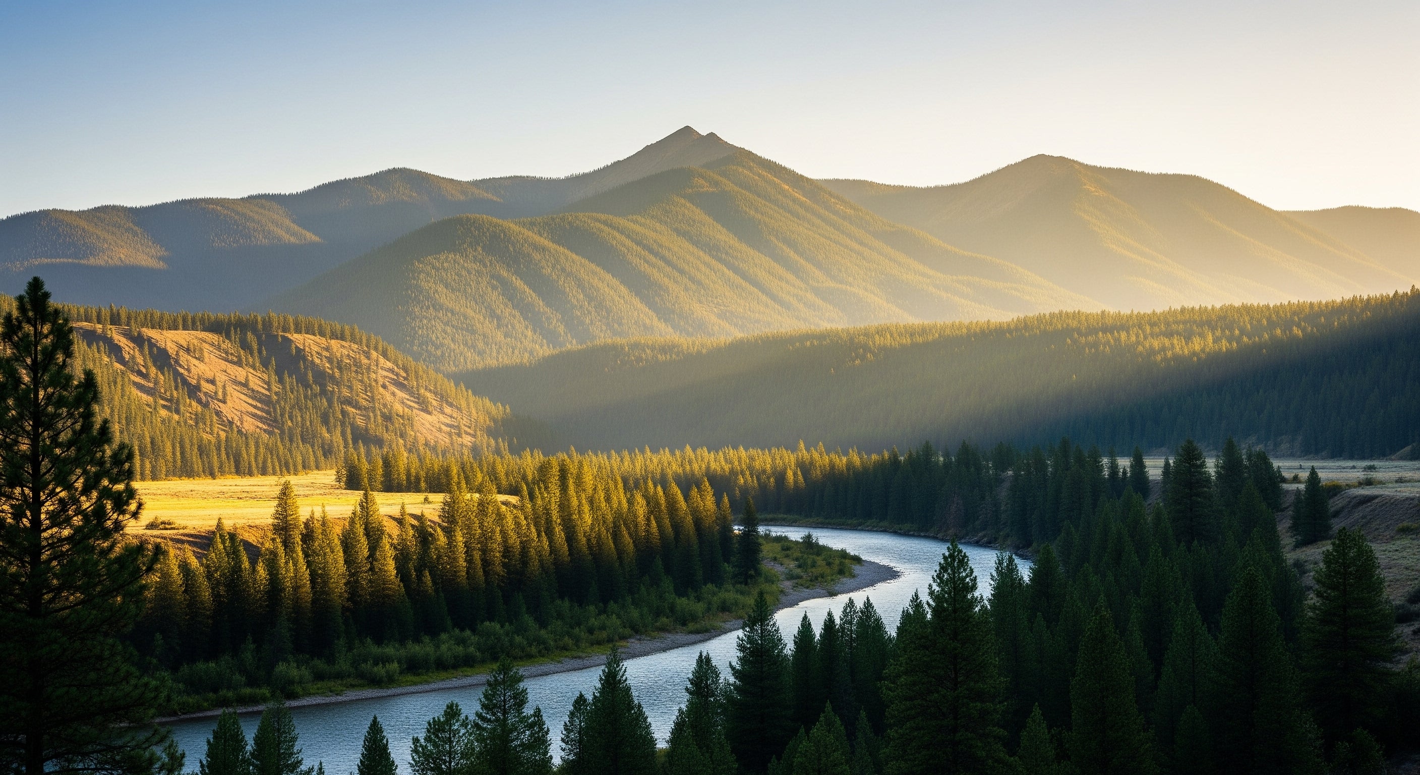 Idaho River winding through Idaho national forest with mountains in the background