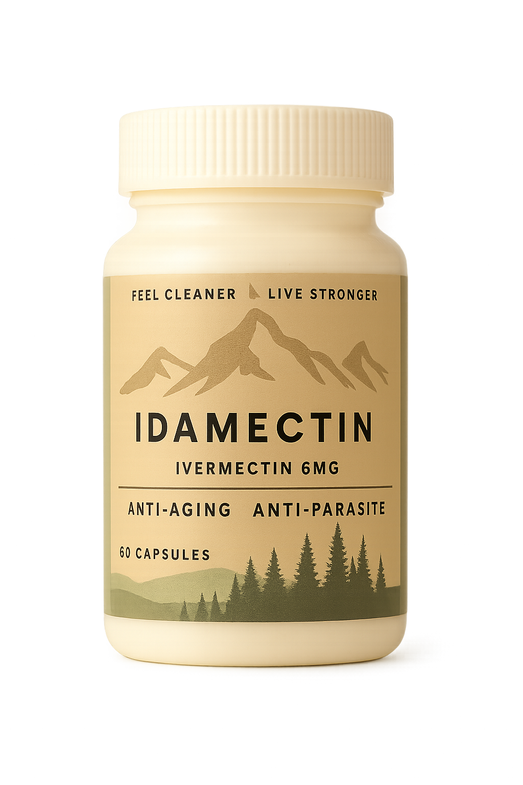 Bottle of Idamectin capsules on a white background