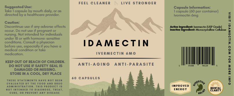 Idamectin capsule label with mountain and nature design