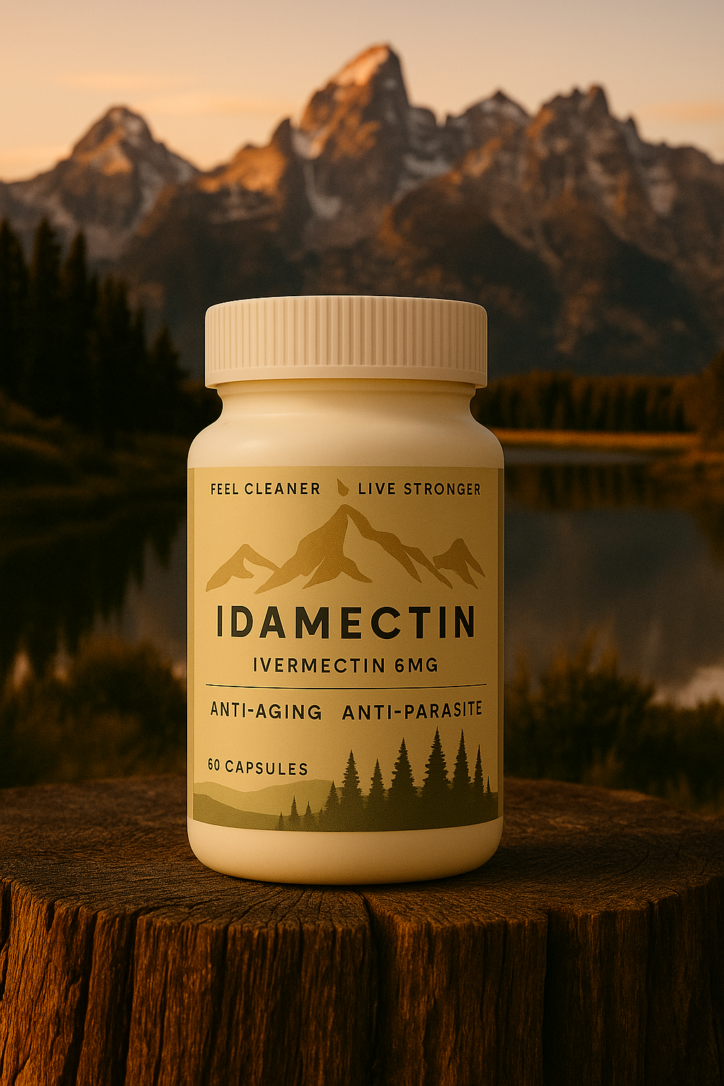 Idamectin supplement bottle with mountain and forest design on a wooden surface with a mountainous background.