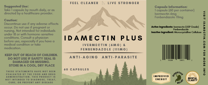 Idamectin Plus capsule label with mountain and tree design