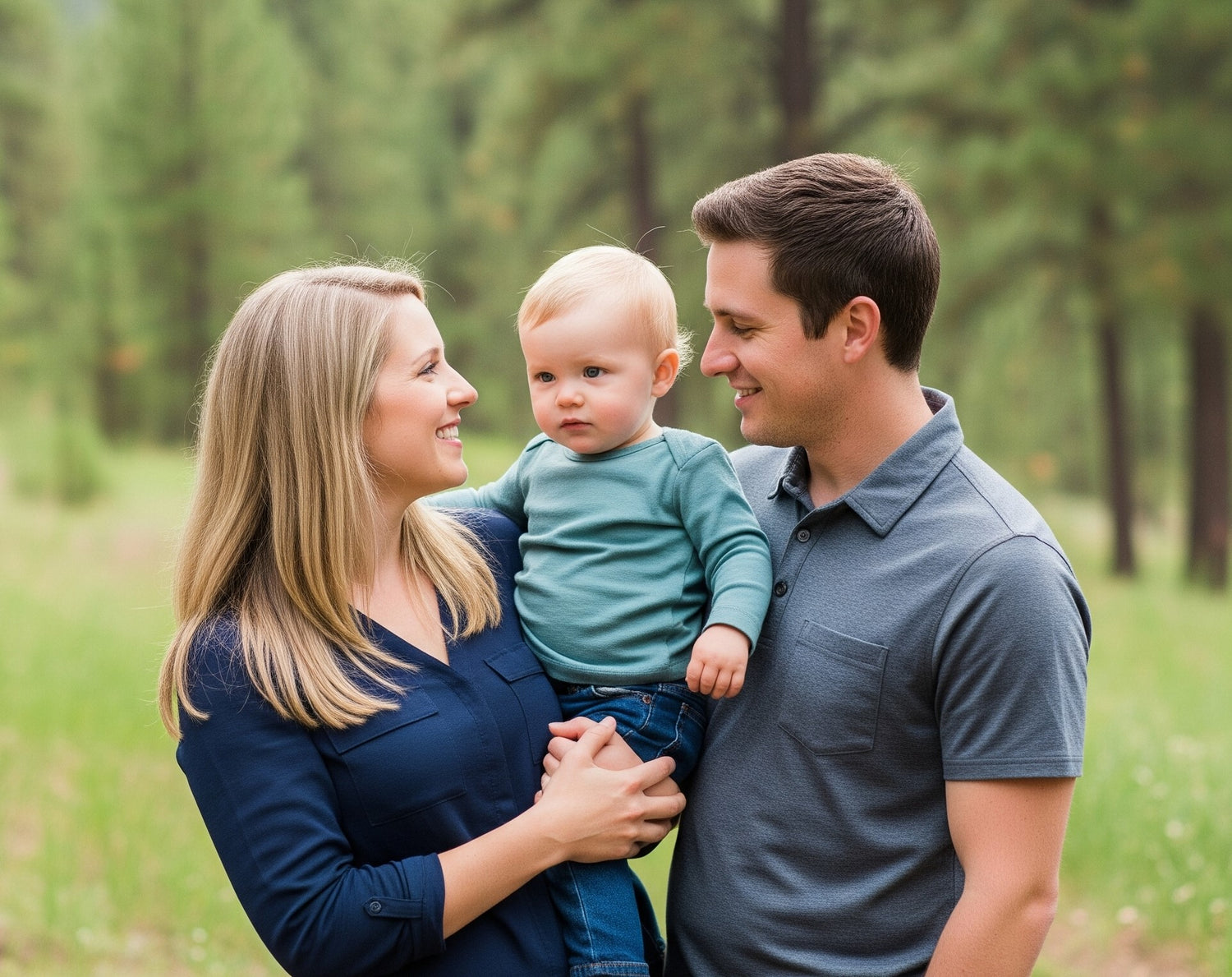 Idaho Family of three in a park with trees in the background