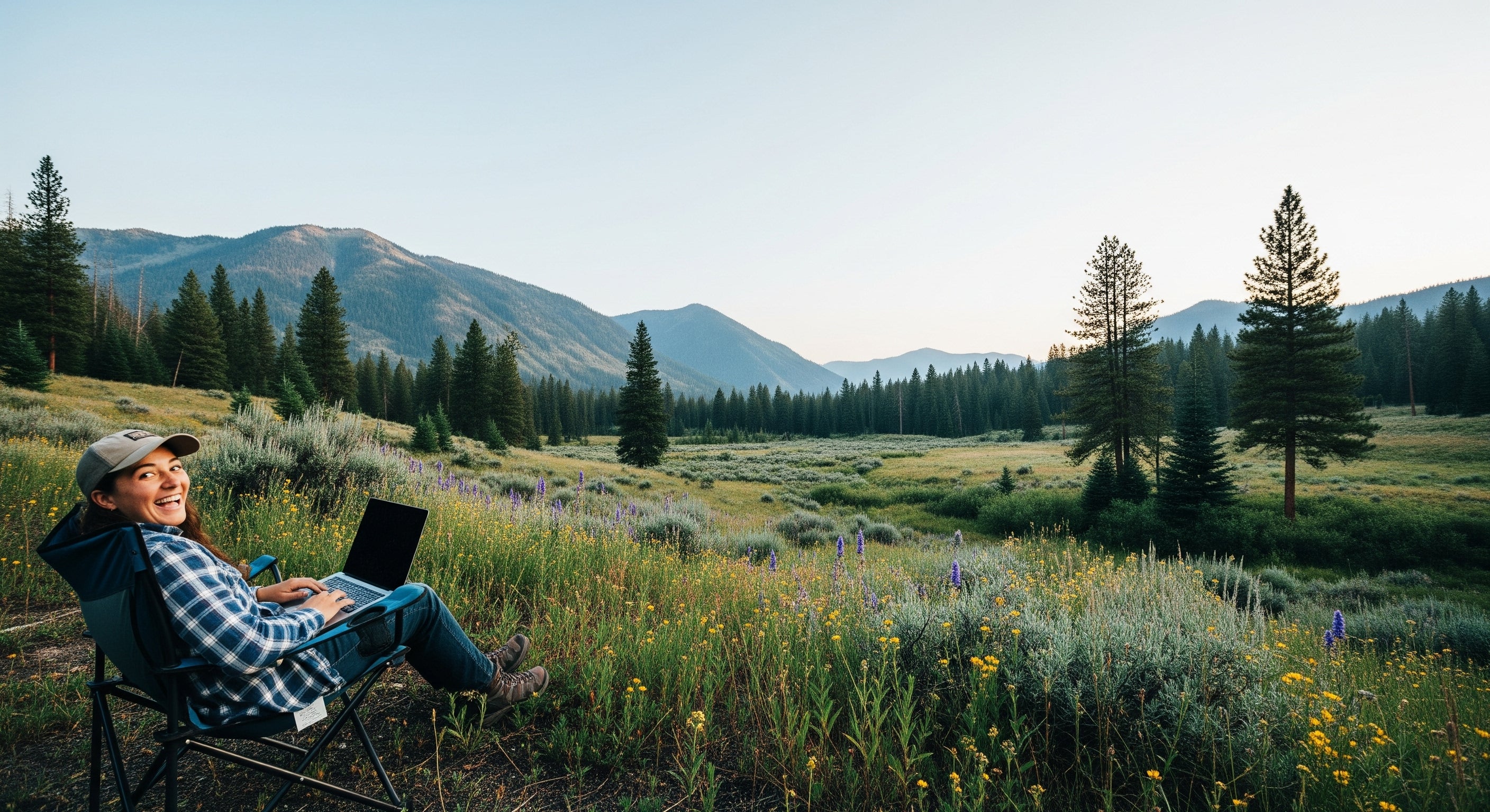 Idaho female sitting in a field with mountains and trees, using a laptop.
