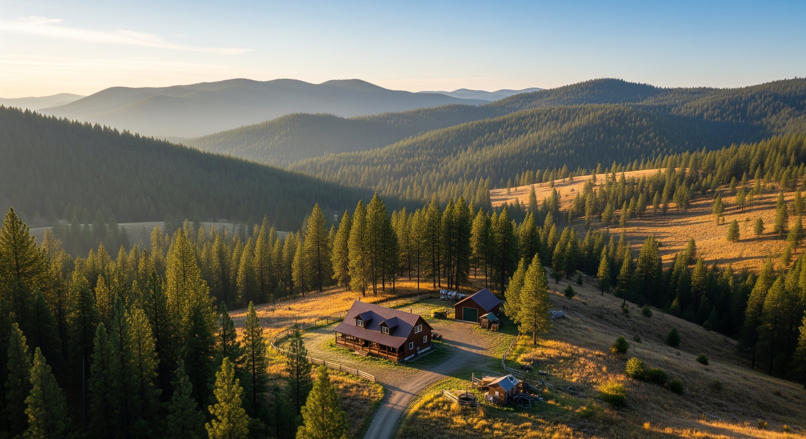 Homes nestled among trees with a mountainous Idaho landscape in the background