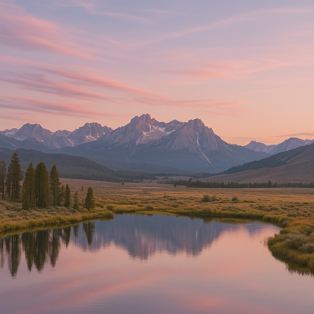 Idaho Mountain landscape with a lake reflecting the pink and purple sky at sunset.