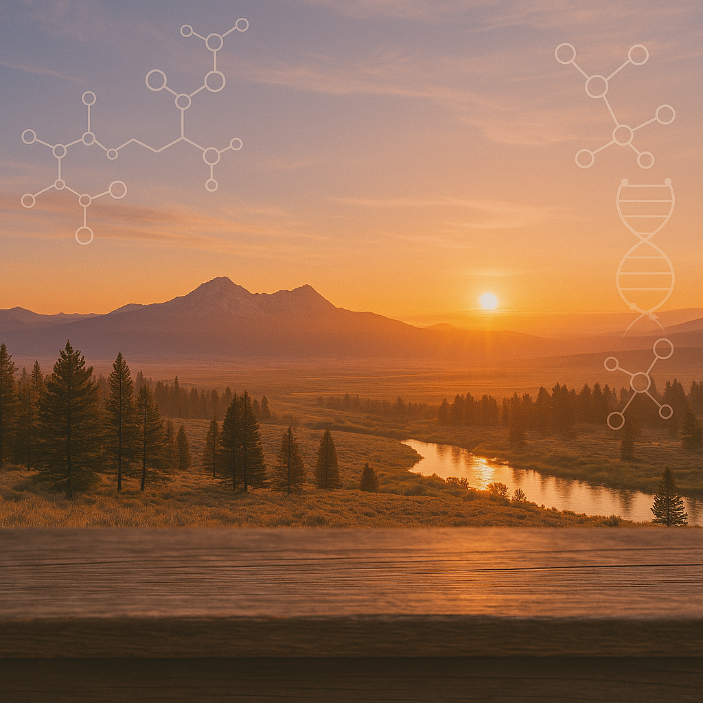 Idaho Sunset over a mountain range with a river and trees, featuring molecular structures on the sides.