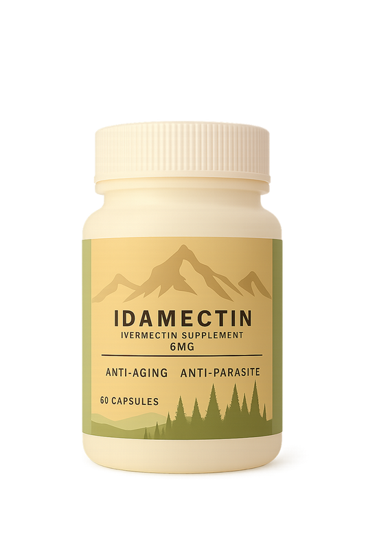 Idamectin supplement bottle with mountain and forest design on a white background with 6mg Ivermectin