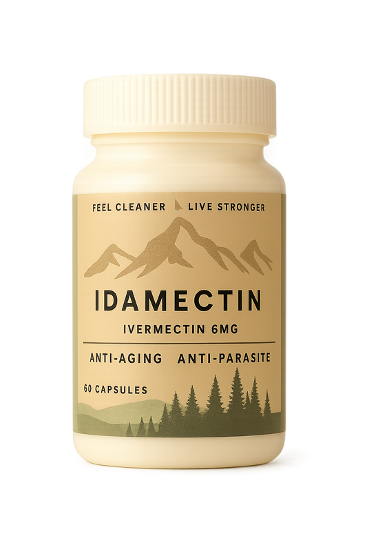 Bottle of Idamectin capsules on a white background