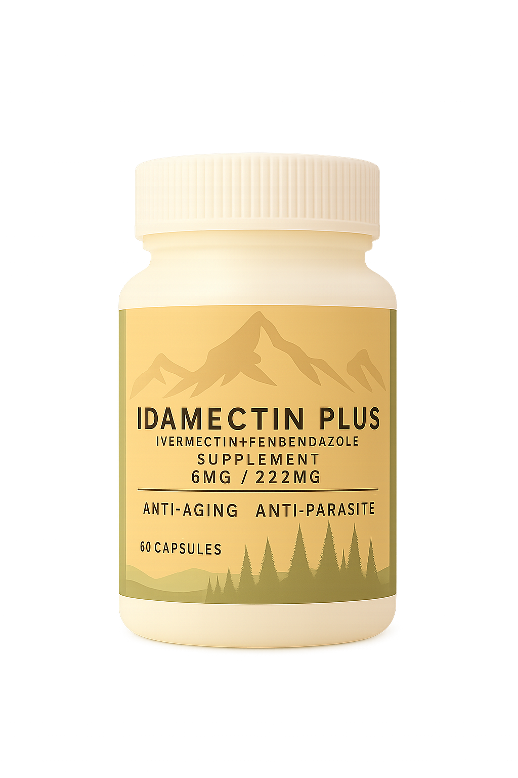 Idamectin Plus Supplement bottle labeled 'Idamectin Plus' on a white background with 6mg Ivermectin and 222mg Fenbendazole