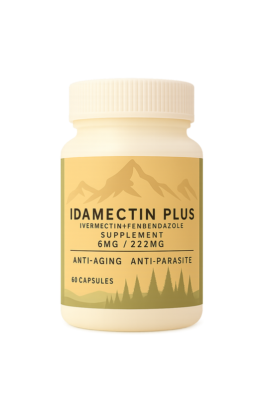 Idamectin Plus Supplement bottle labeled 'Idamectin Plus' on a white background with 6mg Ivermectin and 222mg Fenbendazole