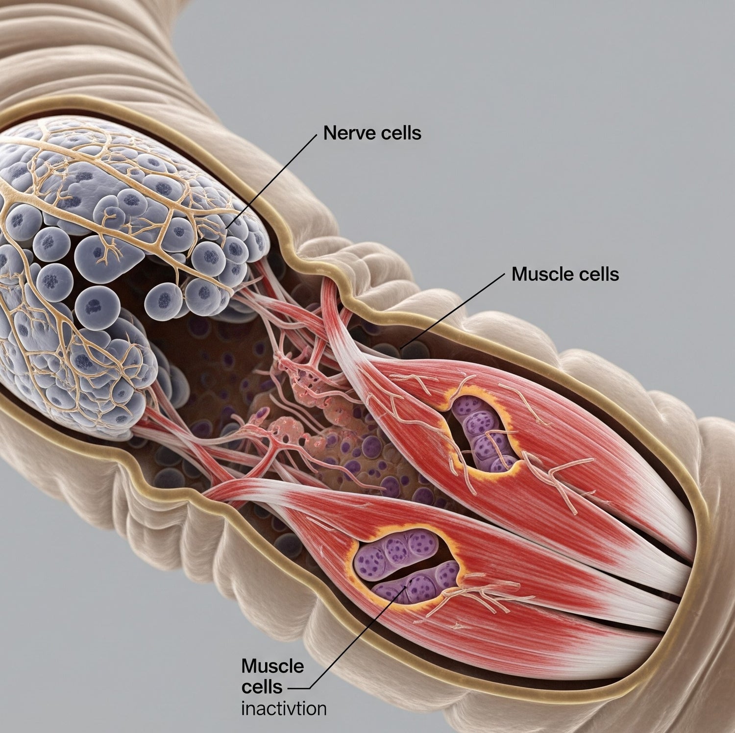 Diagram of muscle cells and nerve cells with labels on a gray background