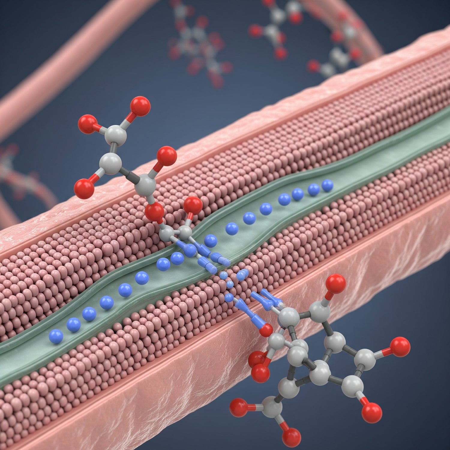 3D model of a biological membrane with molecular structures interacting on a blue background