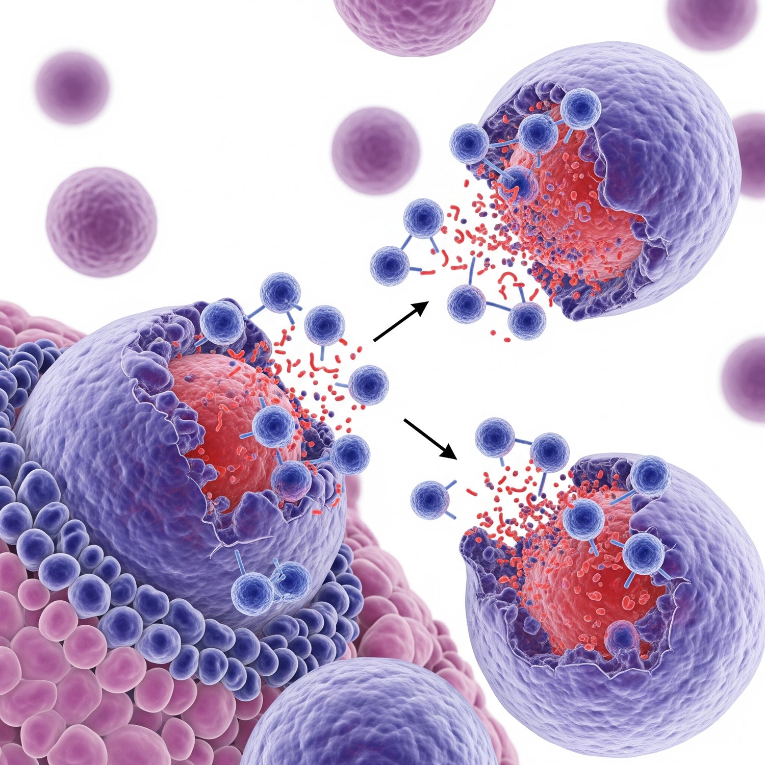 Illustration of immune cells attacking cancer cells with arrows indicating the process.