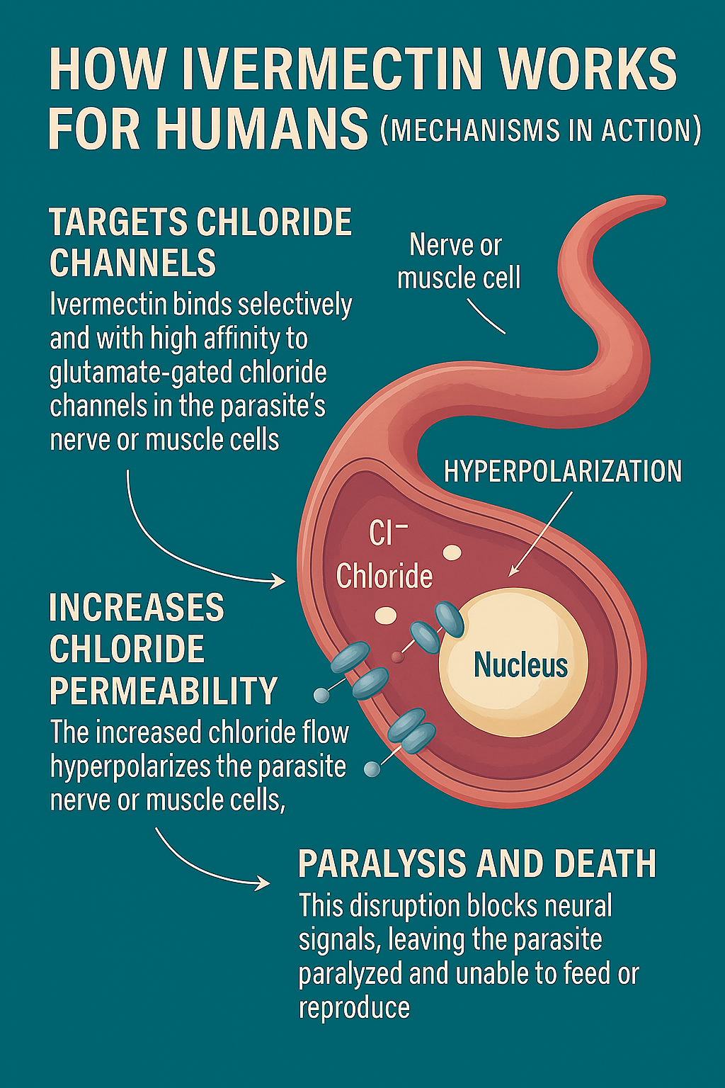 Diagram explaining how ivermectin works for humans, targeting chloride channels and causing paralysis and death of parasites.