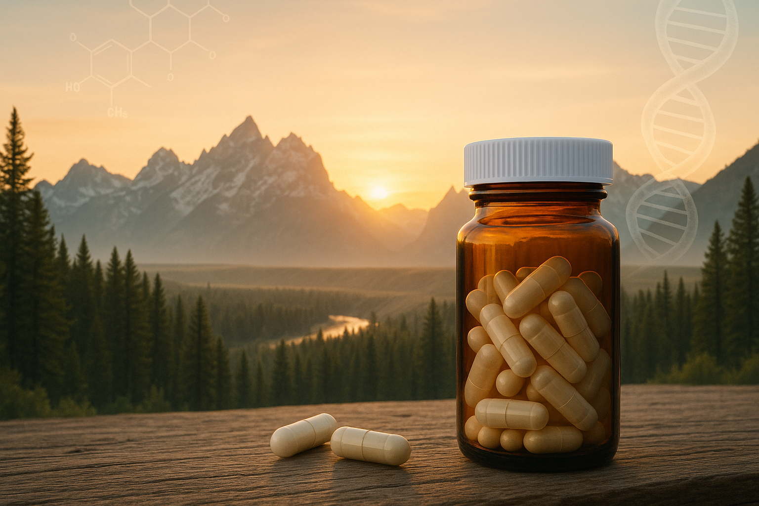Brown bottle of capsules with a scenic Idaho mountain backdrop