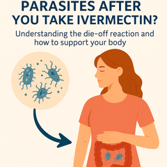 Illustration of a woman with parasites in her body and text about ivermectin and die-off reaction.